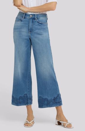 NYDJ Teresa Floral Hem High Waist Ankle Wide Leg Jeans in Port Sea at Nordstrom, Size 14P