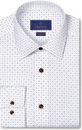 David Donahue Regular Fit Neat Print Cotton Herringbone Dress Shirt in White/Chocolate at Nordstrom Rack, Size 16 - 32/33