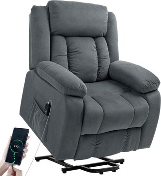 HOMCOM Homcom Sill&oacute;n Relax Reclinable El&eacute;ctrico Levanta Personas, Con Puerto Usb, Control Remoto, Asiento Ancho, Reposapi&eacute;s, Bolsillos Laterales, Gris