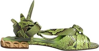 Dolce & Gabbana Groene Sandalen met Enkelbandjes en Dierenprint - Dames - Sandalen - Groen - 39 1/2 EU - Leer - Schoenen