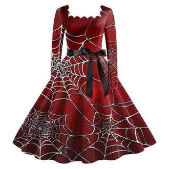 Generic Bloody Splatter Halloween Costume Woman Funny Dresses Vintage Skull Square Neck Long Sleeve Audrey Hepburn Belted Cocktail Party Prom Festive Rockabil