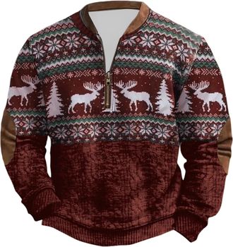 Generic Mens Christmas Jumpers 1/4 Zip Fleece Ugly Christmas Sweatshirt Pullover Men Long Sleeve Plus Size Funny Printed Xmas Jumper Winter Thermal Warm Cosy 