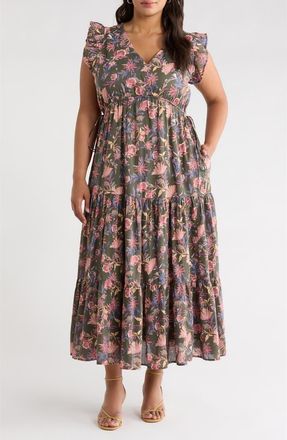 Treasure & Bond Floral Print Flutter Sleeve Maxi Dress in Olive Frou Floral at Nordstrom, Size 1X