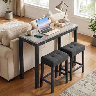 Costway Costway 3PCS Bar Table Set w/ Charging Station Modern Pub Table w/ 2 Stools in Grey