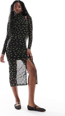 HUGO BOSS HUGO Red - Noslin - Vestito lungo in rete nero con stampa di occhi e inserto a sottoveste