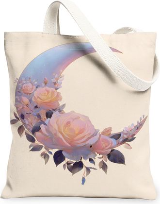 Generic Floral Canvas Tote Bags, Elegant Moon and Rose Design Reusable Shopping Bags, Vintage Lightweight Washable Shoulder Strap C, Cream, 13x15 Inch