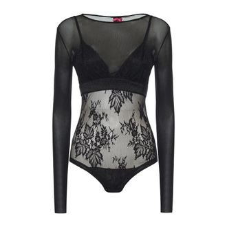 Pinko Body, female, Black, Size: XS Tulle and Lace Knit Bodysuit