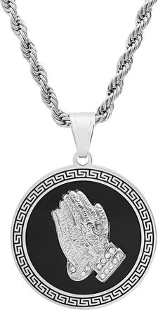Steeltime HMY JEWELRY Stainless Steel Enamel Prayer Hands Pendant Necklace in Silver/black at Nordstrom Rack