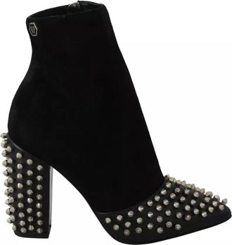Philipp Plein Black Suede Studded Heels Ankle Boots Womens Shoes