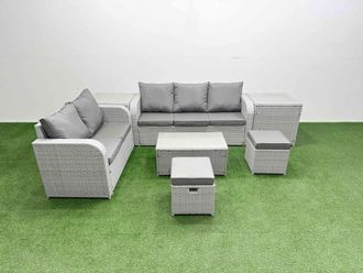 Fimous 7 Seater PE Rattan Wicker Garden Furniture Patio Conservatory Sofa Set w/ Rectangular Coffee Table 3 Seater Sofa Love Sofa 2 Stools 2 Side