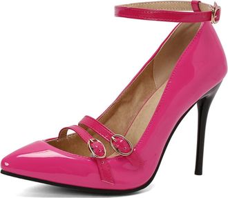 Generic Womens Stiletto Pumps Patent Glossy Upper Double Buckle Strap Adjustable Ankle Strap Pointed Toe Cushioned Insole Durable Stylish Heels,Rose Red,10.5 