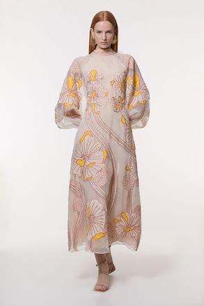 Karen Millen Womens Petite Applique Organdie Floral Graphic Maxi Dress - Yellow - Size 10 UK