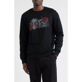 BOSS Soleri Abstract Graphic Cotton Fleece Crewneck Sweatshirt in Black at Nordstrom, Size Xx-Large