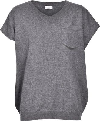 Brunello Cucinelli Gray Cashmere Short-Sleeve Sweater, Size Medium