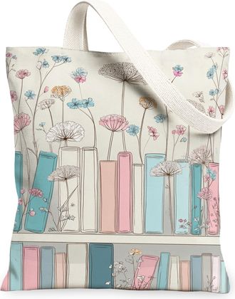 Generic Floral Pattern Canvas Tote Bags, Vintage Botanical Design Reusable Grocery Bags, Lightweight Washable Shoulder Strap Canvas, Multicolor, 13x15 Inch