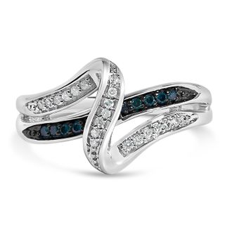 House of Brilliance Sterling Silver 1/10 Cttw Blue and White Diamond Crossover Ring