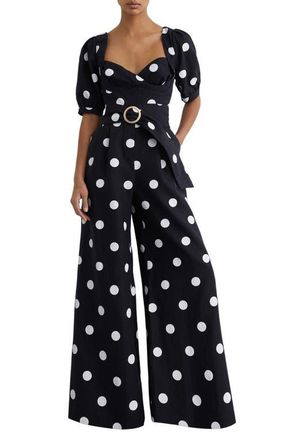 Reiss Brook Polka Dot Linen Jumpsuit in Navy/Ivory at Nordstrom, Size 14 Us
