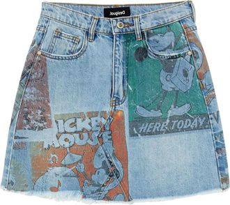 Desigual Mickey Mouse Print Denim Mini Rok - Dames - Spijkerrokken - Veelkleurig - 2XL - Denim - Rokken