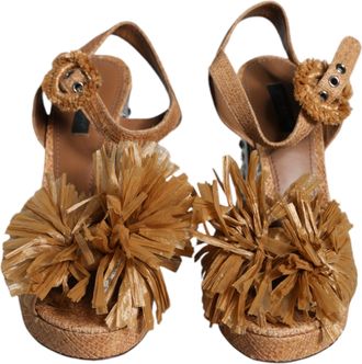 Dolce & Gabbana Brown Raffia Ankle Strap Crystal Sandals Womens Shoes (Pre-Owned)