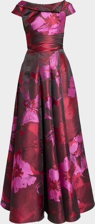 Talbot Runhof Hibiscus Jacquard Twisted High-Neck Ball Gown