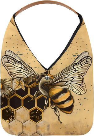 Generic Retro Honey Bee Daisy Reusable Lightweight Grocery Bags - Foldable Into Compact Pouch, Washable & Sturdy, Multipurpose for Shopping and Travel