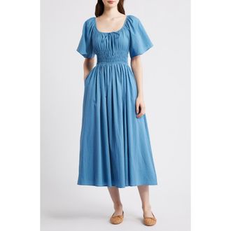 FRNCH Yemanja Short Sleeve Cotton Fit & Flare Dress in Bleu Jean at Nordstrom, Size X-Small