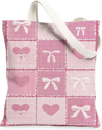 Generic ValentineS Day Heart Canvas Tote Bags, Elegant Bow Pattern Reusable Shopping Bags, Lightweight Washable Shoulder Strap Can, Peach, 13x15 Inch