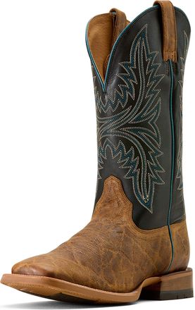 Ariat Mens Cowhand Wide Square Toe Western Boots in Smoked Tan True Black Leather, D Medium Width, Size 10.5, by Ariat