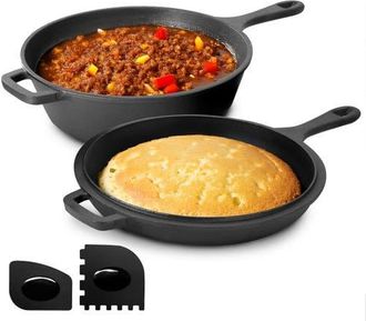 MegaChef 10.5 Inch 2-in-1 Pre-Seasoned Cast Iron Skillet and Fry Pan Set in Black at Nordstrom