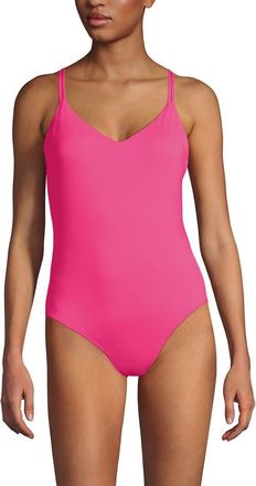 Lands End Tugless QuickDry V-Neck Multi-Way High Leg One Piece Swimsuit in Pink Azalea at Nordstrom, Size 14