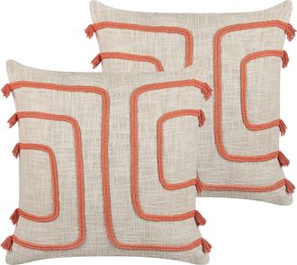 Beliani Conjunto De 2 Cojines De Algod&oacute;n Beige Claro Naranja 45 X 45 Cm Abstracto Pleione