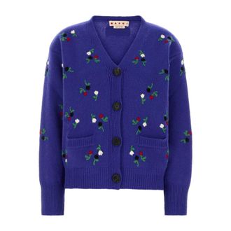 Marni Truien & Vesten, Dames, Veelkleurig, XS, Wol, Wol-kasjmier Cardigan met Bloemenborduursel
