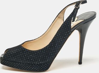 Jimmy Choo London Black Embellished Suede Peep Toe Platorm Slingback Pumps