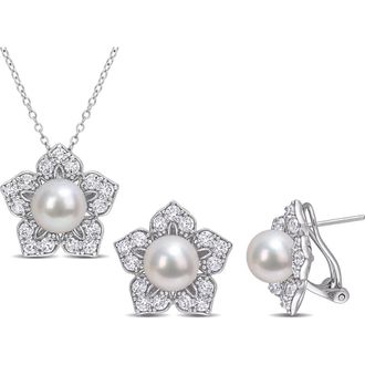 Delmar Cultured Freshwater Pearl & Lab Grown White Sapphire Flower Necklace & Earrings Set at Nordstrom Rack