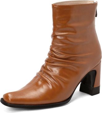 Generic Womens Fashion Square Toe Pleated Ankle Boots Block Heel Back Zipper Comfort Casual Winter Shoes (7.5,Brown)