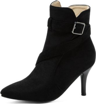 Generic Womens Suede Ankle Boots Pointed Toe Metal Buckle Stiletto Heels Retro Stylish Dressy Casual Evening Party Office Work Shoes with Side Zipper,Black,10