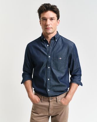 GANT Langarmhemd GANT Regular Fit Denimhemd Jeanshemd pflegeleicht, Herren, Gr. 4XL, N-Gr, blau (schwarz indigo), Web, Obermaterial: 100% Baumwolle, regula