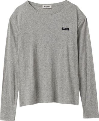 Miu Miu logo-patch T-shirt - women - Cotton - S - Grey