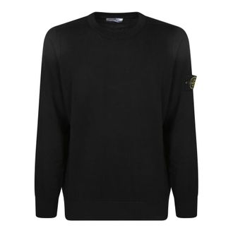 Stone Island Round-neck Knitwear, male, Black, Size: 2XL Black Cotton Long Sleeve Sweater