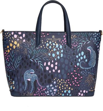 Sara Miller Tote, Womens Bag for Work, Travel, Laptop, Shoulder Handbag with Zipper Closure, Medium, Midnight Leopard Blue