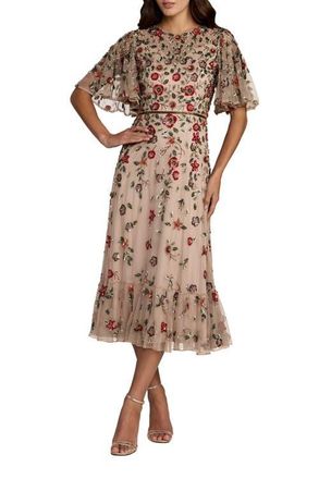 Mac Duggal Womens Floral Embellished Flutter Sleeve Midi Dress in Antique Rose at Nordstrom, Size 18