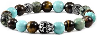 Crucible Jewelry Crucible Los Angeles Single Skull Stretch Bracelet with 10mm Tiger Eye, Genuine Turquoise, African Turquoise and Bronzite Beads