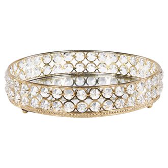 Beliani Bandeja Decorativa De Vidrio Espejado Hierro Dorado Pedrer&iacute;a Redondo Glamuroso