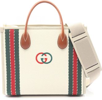 Gucci Brown Multi-Color White Canvas Leather Handbag Tote Bag (Pre-Owned)