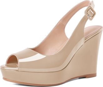 elashe Fashionable Platform Sandals Peep Toe with Wedge Heel 4 Inches Adjustable Buckle Strap High Heel Design Patent Leather Ideal for Work Dress Beige UK6