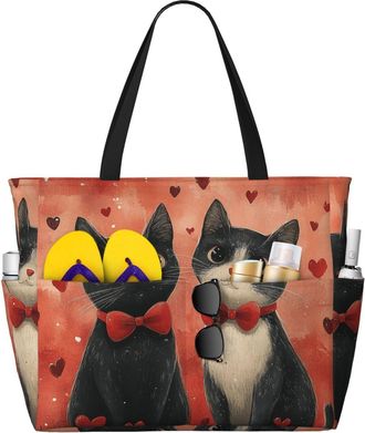 Generic Love Hearts Cats Print Large Beach Bag Foldable Travel Shoulder Tote Bag With Pocket For Weekender Pool Vacation