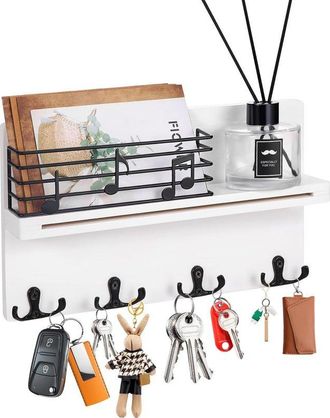 OEM Soporte De Pared Para Llaves, Perchero Con 4 Ganchos Dobles Y Rejilla, Organizador De Pared De Madera Con Estante Para Entrada, Guardarropa, Blanco