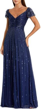 Mac Duggal Striped Sequin Mesh Gown With Beaded Shoulders in Sapphire at Nordstrom, Size 16