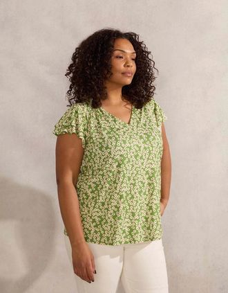 Live Unlimited London Womens Green Ditsy Jersey Flutter Sleeve Top - Size: 28
