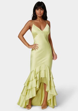 Bebe Womens Tiered Satin High Low Gown